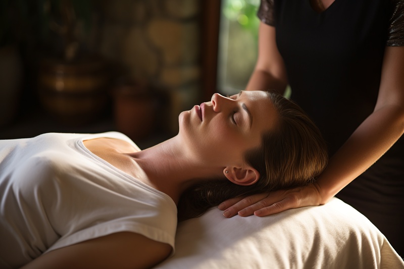 This captivating photo captures a holistic therapist in action, conducting an energy healing session with a client. The image showcases the therapist placing their hands gently on or near the client's
